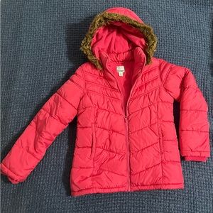 Girl Pink Puffer Jacket with Faux Fur Trim